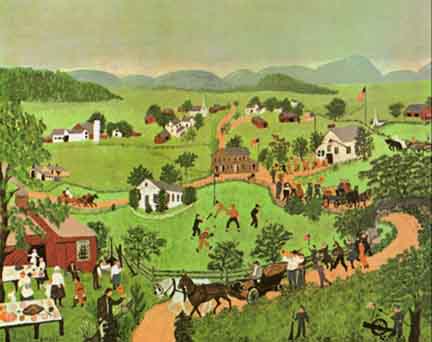 This painting -- "Fourth of July" -- was one of Grandma Moses' first. She was nearly 80 when she painted it!